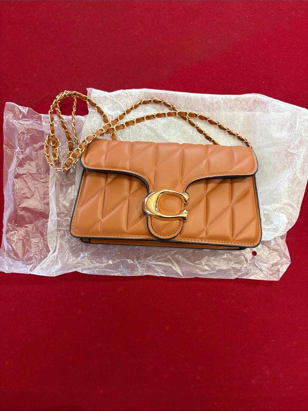 Quilted Tan Crossbody Bag with Gold Chain and C-Clasp Accent